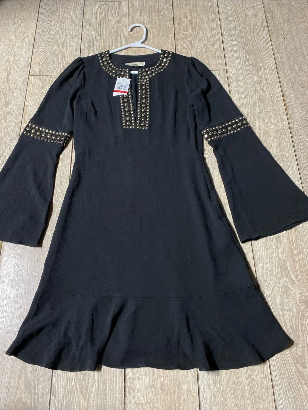 MICHAEL KORS NEW Women's Black Studded Bell-sleeve Crepe A-Line Dress XS